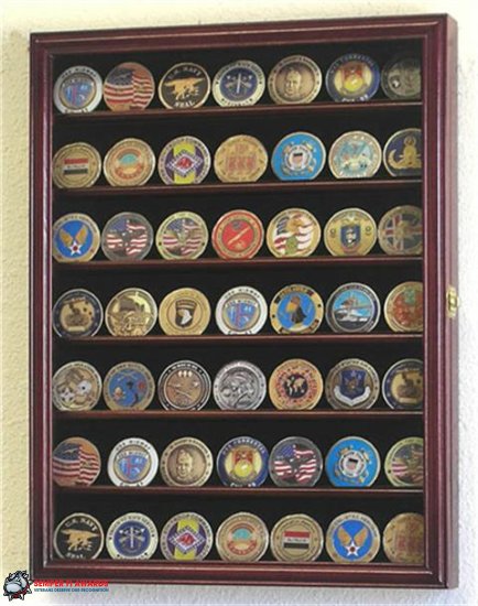 49 Challenge Coin Display Case Cabinet Cherry - Click Image to Close