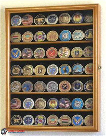 49 Challenge Coin Display Case Cabinet Oak - Click Image to Close