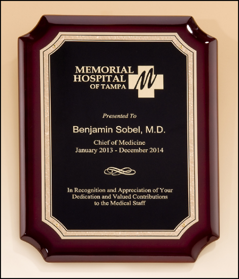 8 x 10 1/2 Gloss rosewood stained plaque with gold border plate