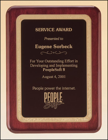 10 1/2 x 13 Rosewood stained finish plaque with gold border